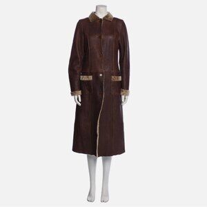 Original Shearling Sheepskin Lamb Leather Long Trench Coat Brown Women's Medium